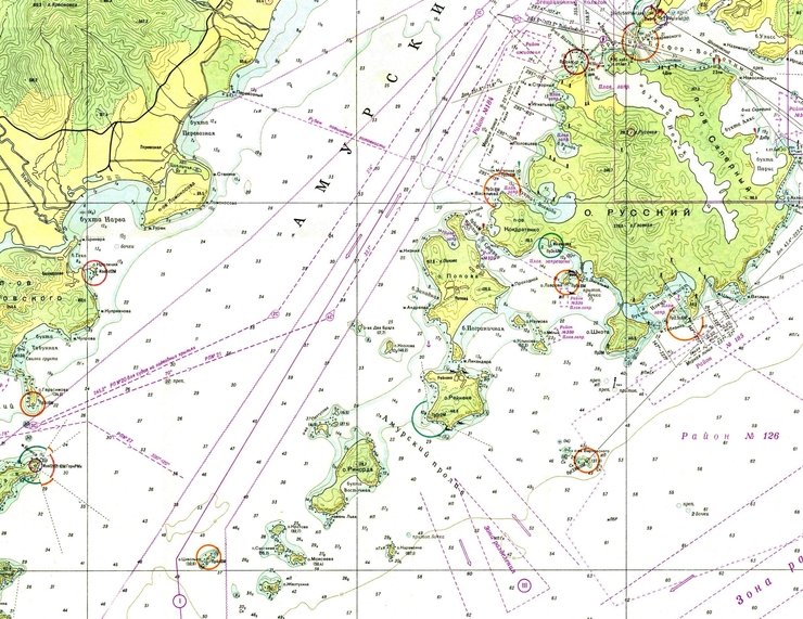 Морская карта острова русский с глубинами