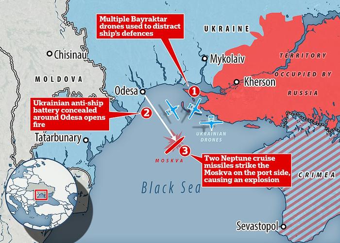 Russian Telegram accounts with links to the Wagner Group claim Bayraktar drones were used to distract the Moskva's radar systems before a coastal battery opened fire somewhere near Odesa, hitting the ship with two Neptune missiles