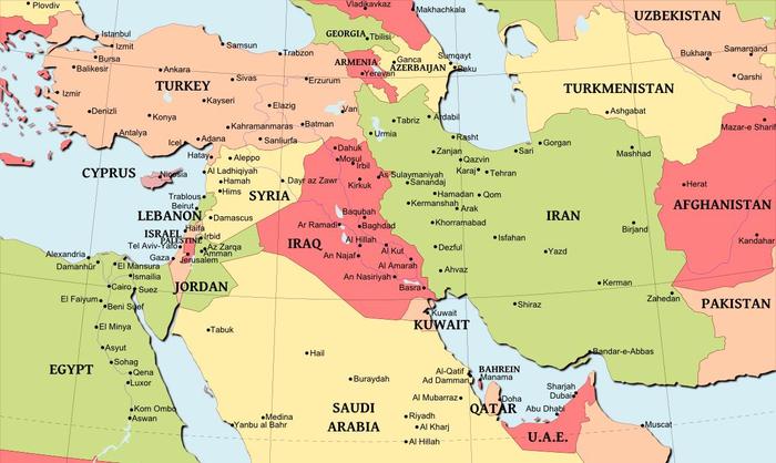 Карта ближнего востока со странами крупно на русском в хорошем