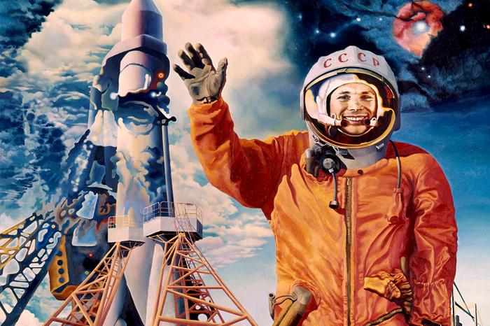 Открытка с Юрием Гагариным и кораблем Восток-1