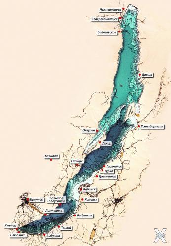 Подробная карта байкала с названиями мысов и бухт